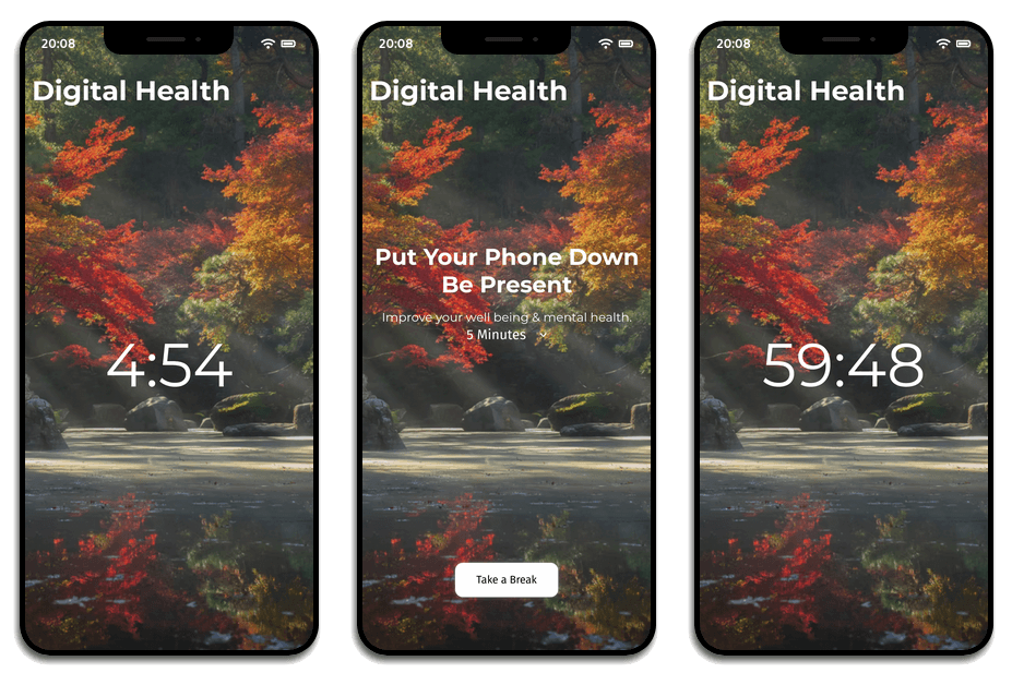 3 Phones displaying the digital health app in action.